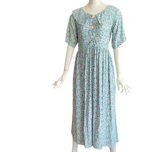 Vtg 90s CAROL ANDERSON Tiny Ditsy Floral Midi Rayon Dress Cottagecore Grunge M